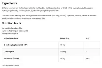 OstroVit 5-HTP 65 mg from Griffonia Seeds (25%) with L-Tryptophan & Vitamin B6 5-HTP 5-Хидрокситриптофан - 90 капсули, 90 дози