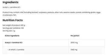 OstroVit ALC Acetyl L-Carnitine Powder Ацетил L-Карнитин на Прах - 200 грама, 100 дози