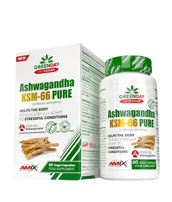 AMIX GreenDay ProVegan Ashwagandha KSM-66 Pure 500 мг Висококачествена Ашваганда - 60 веге капсули, 30 дози