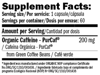 AMIX Natural Caffeine PurCaf® 200 мг Органичен Кофеин от 100% Натурално Зелено Кафе - 60 веге капсули, 60 дози