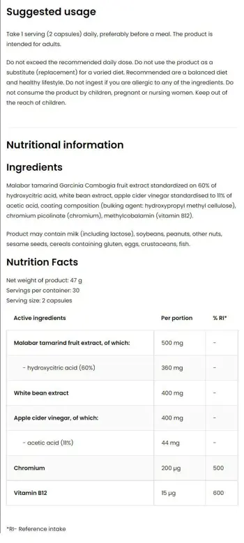 OstroVit Appetite Control with Garcinia, White Bean & Apple Cider Специализирана Формула за Контрол на Апетита - 60 капсули, 30 дози