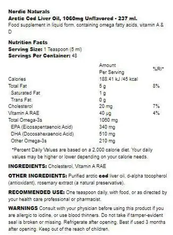Nordic Naturals Arctic Cod Liver Oil 1060 mg Течно рибено масло от черен дроб на треска с витамин D3