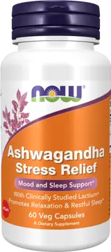 NOW Foods Ashwagandha Stress Relief With Bioactive Milk Peptides Ашваганда - 60 веге капсули, 60 дози