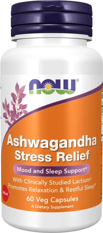 NOW Foods Ashwagandha Stress Relief With Bioactive Milk Peptides Ашваганда - 60 веге капсули, 60 дози