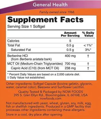 NOW Foods Berberine HCl 400 мг Glucose Support Берберин + MCT Масло - 90 гел капсули, 90 дози