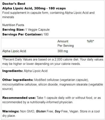 Doctor's Best Alpha Lipoic Acid 300 mg Мощен антиоксидант за енергия и кръвна захар х 180 капсули