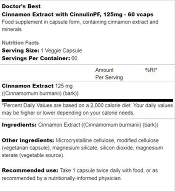 Doctor's Best Cinnamon Extract with CinnulinPF 125 mg Екстракт от канела за поддържане на кръвната захар