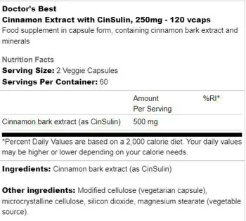 Doctor's Best Cinnamon Extract with CinSulin 250 mg Подкрепа за здравословни нива на кръвната захар