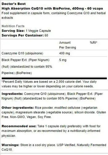 Doctor's Best CoQ10 with BioPerine 400 mg За сърдечно-съдовата система и енергия х 60 капсули
