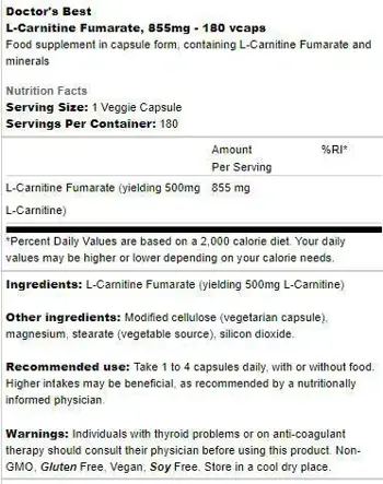 Doctor's Best L-Carnitine Fumarate 855 mg За изгаряне на мазнини и енергия