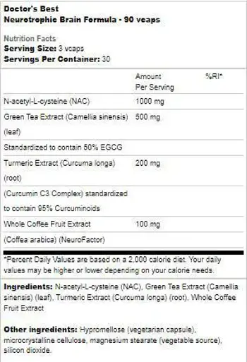 Doctor's Best BEST Neurotrophic Brain Formula За подкрепа на мозъчната функция х 90 веге капсули