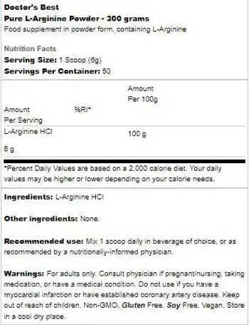 Doctor's Best BEST Pure L-Arginine Powder За повишаване на азотния оксид и издръжливостта