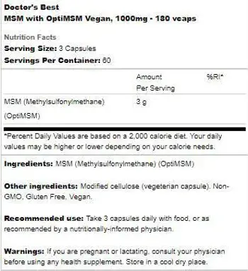 Doctor's Best Vegan MSM 1000 mg с OptiMSM за здрави стави и възстановяване
