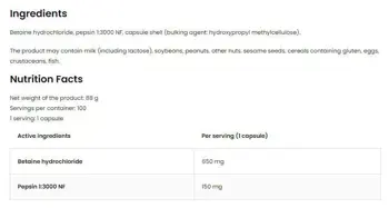 OstroVit Betaine HCl + Pepsin Бетаин HCL + Пепсин - 100 капсули, 100 дози