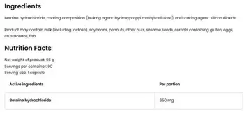 OstroVit Betaine HCl 650 мг Бетаин HCL - 90 капсули, 90 дози