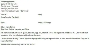 NOW Foods Biotin 1000 мкг Витамин Б-7 Биотин - 100 веге капсули, 100 дози