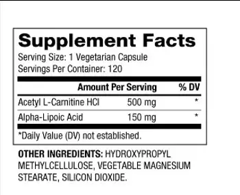 BIOVEA Acetyl L-Carnitine + Alpha Lipoic Acid 650 мг АЦЕТИЛ Л-КАРНИТИН И АЛФА ЛИПОЕВА КИСЕЛИНА - 120 капсули, 60 дози