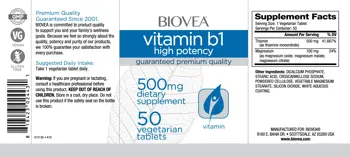 BIOVEA Vitamin B1 (High Potency) 500 мг Витамин Б1- 50 таблетки, 50 дози