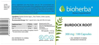 Bioherba Burdock Root 300 mg Корен от Репей с Цинк х 100 капсули