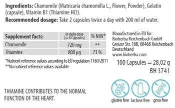 Bioherba Chamomile 180 mg с Тиамин за Спокоен Сън и Нервна Система