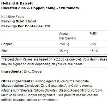Holland & Barrett Chelated Zinc & Copper 15mg Подкрепа за имунната система и метаболизма