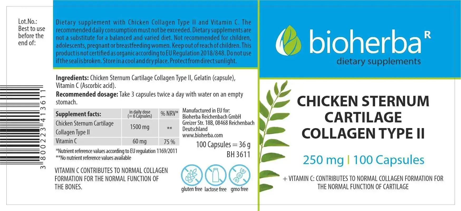 Bioherba Chicken Collagen Type II 250 мг Пилешки Колаген тип II за стави