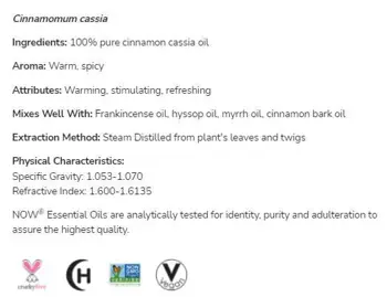 NOW Foods Cinnamon Cassia Oil 100% Pure Cinnamomum Cassia Етерично Масло от Листа на Канела - 10 мл