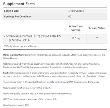 NOW Foods Clinical Heart Health Probiotic Lactobacillus reuteri LRC™ 2.5 Billion Пробиотичен Щам в Подкрепа на Сърцето - 60 веге капсули, 60 дози