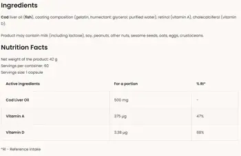 OstroVit Cod Liver Oil 500 мг Масло от Дроб на Треска - 60 гел капсули, 60 дози
