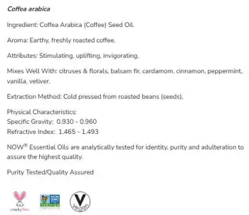 NOW Foods Coffee Oil 100% Pure Coffea Arabica Етеричнo Mаслo от Семената на Coffea Аrabica - 30 мл