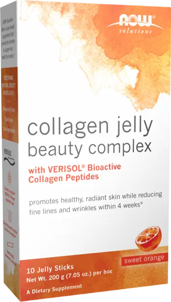 NOW Foods Collagen Jelly Beauty Complex - Jelly Sticks Хидролизиран Говежди Колаген под Формата на Желе с Вкус на Сладък Портокал - 10 x 20 грама, 10 дози