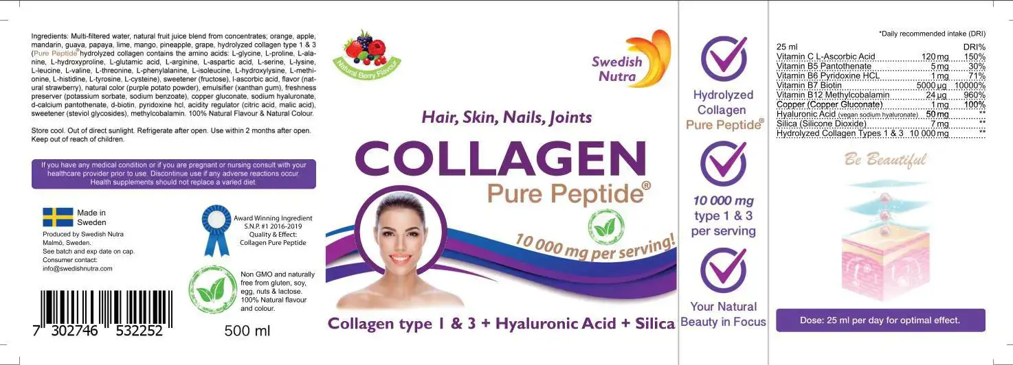 Swedish Nutra Collagen Types 1 & 3 with Hyaluronic Acid, Silica and Vitamin C Течен колаген за кожа, коса, нокти и стави
