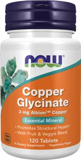 NOW Foods Copper Glycinate 3 мг Albion™ Copper Bisglycinate Мед Глицинат - 120 таблетки, 120 дози