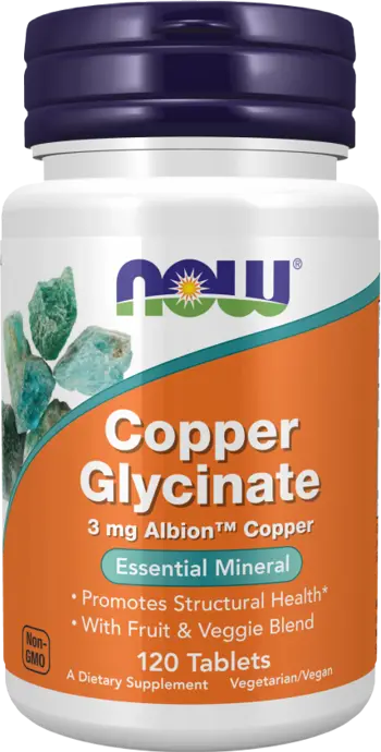 NOW Foods Copper Glycinate 3 мг Albion™ Copper Bisglycinate Мед Глицинат - 120 таблетки, 120 дози