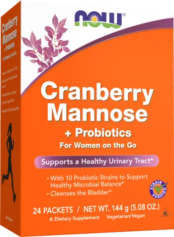 NOW Foods Cranberry Mannose + Probiotics For Women on the Go Пробиотична Формула за Жени с Червена Боровинка и D-Маноза - 24 пакета x 6 грама, 24 дози