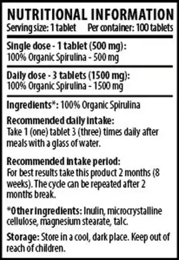 Cvetita Herbal 100% Organic Spiruline 100 Таблетки, 100 Дози