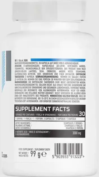 OstroVit DAA 3000 мг D-Aspartic Acid Caps Д-Аспарагинова Киселина - 90 капсули, 30 дози