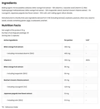 OstroVit Diosmin + Hesperidin + Rutin + Ruscogenin + Vitamin C / Специализирана Формула в Подкрепа на Кръвоносните Съдове - 60 капсули, 30 дози