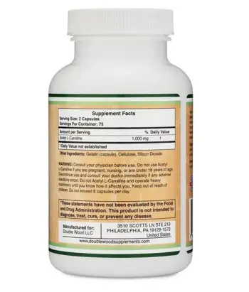 Double Wood Acetyl L-Carnitine 1000 мг Ацетил Л-Карнитин - 150 капсули за 75 дни прием, 75 дози