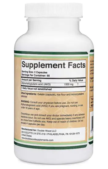 Double Wood Supplements AKG Alpha Ketoglutaric Acid 1000 мг Алфа-Кетаглутарова Киселина - 180 капсули за 3 месеца прием, 180 дози