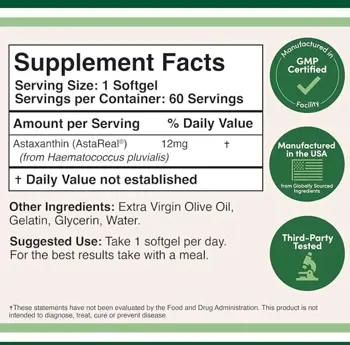 Double Wood Supplements Astaxanthin 12 мг Антиоксидант Астаксантин (Astaxanthin Astareal) - 60 софтгел капсули за двумесечен прием, 60 дози
