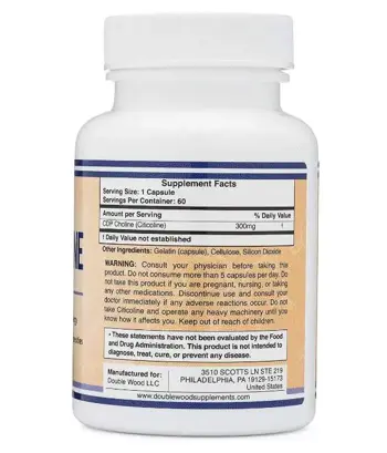 Double Wood Supplements CDP Choline (Citicoline) 300 мг Цитиколин - 60 капсули, 60 дози