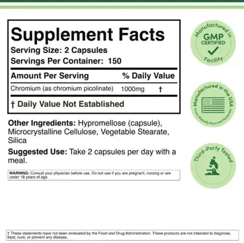 Double Wood Supplements Chromium Picolinate 500 мкг Хром (пиколинат) Контрол на Кръвната Захар и Апетита, 500 µg - 300 капсули, 150 дози