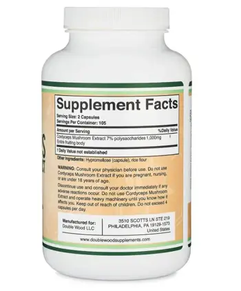 Double Wood Supplements Cordyceps Mushroom Extract 1000 мг Кордицепс - 210 капсули за 105 дни прием, 105 дози