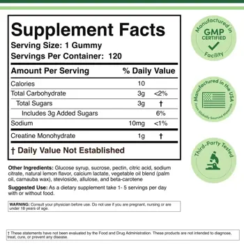 Double Wood Supplements Creatine Gummies 1000 мг Креатин за Сила и Издръжливост при Спорт - 120 желирани таблетки, 40 дози