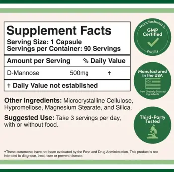 Double Wood Supplements D-Mannose 500 мг Уринарно Здраве D-Маноза Уринарно Здраве и Защита от Пикочни Инфекции - 90 капсули, 90 дози