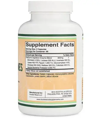 Double Wood Supplements Essential Digestive Enzymes 400 мг Храносмилателни Ензими за Стомашен Комфорт - 180 капсули за 3 или 6 месеца прием, 90 дози