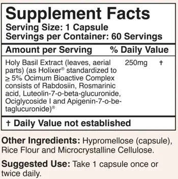 Double Wood Supplements Holy Basil Holixer 250 мг Свещен Босилек При Стрес и Лошо Настроение - 60 капсули, 60 дози