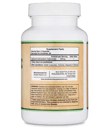 Double Wood Supplements Hyaluronic acid 200 мг Хиалуронова Киселина - 180 капсули за 3 месеца прием, 90 дози
