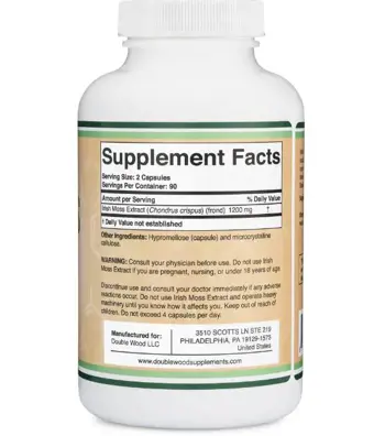 Double Wood Supplements Irish Sea Moss Extract 1200 мг Червени Водорасли (ирландски мъх) - 180 капсули за 3 месеца прием, 90 дози